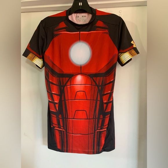 Under Armor Kids Iron Man Shirt Red Compression Heat Gear Allover Print Size M - Picture 1 of 6